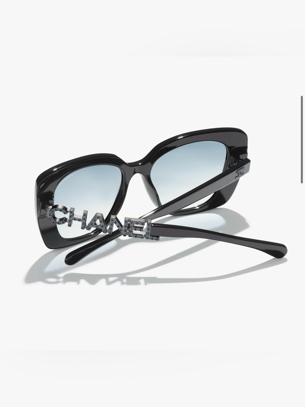 CHANEL Black Frame with Gradient Blue Lenses Logo Crystal Temples Sunglasses